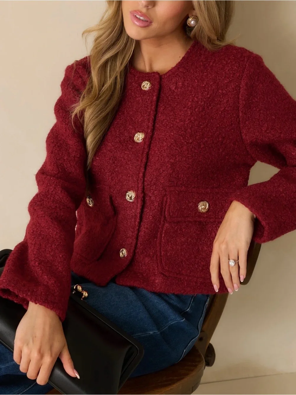 entro Burgundy Textured Cropped Blazer Jacket